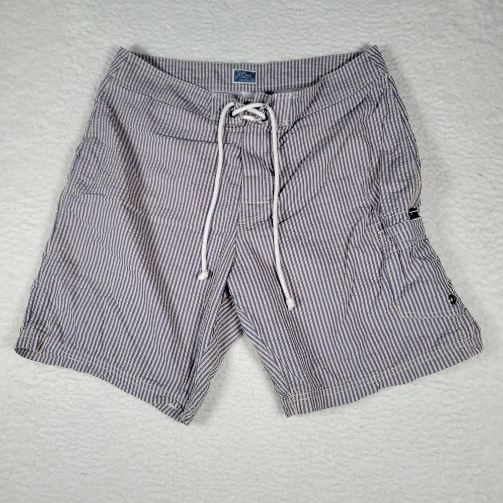 J.Crew Board Shorts Mens‎ Size 35 Blue Striped Seersucker Mesh Lined Swim Trunks